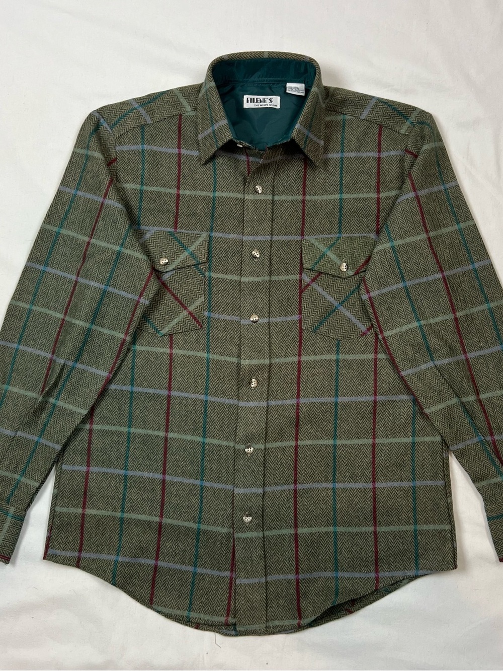 FILENE’S BOSTON Vintage Men’s Flannel Shirt Size S 85% Wool Khaki Green Plaid